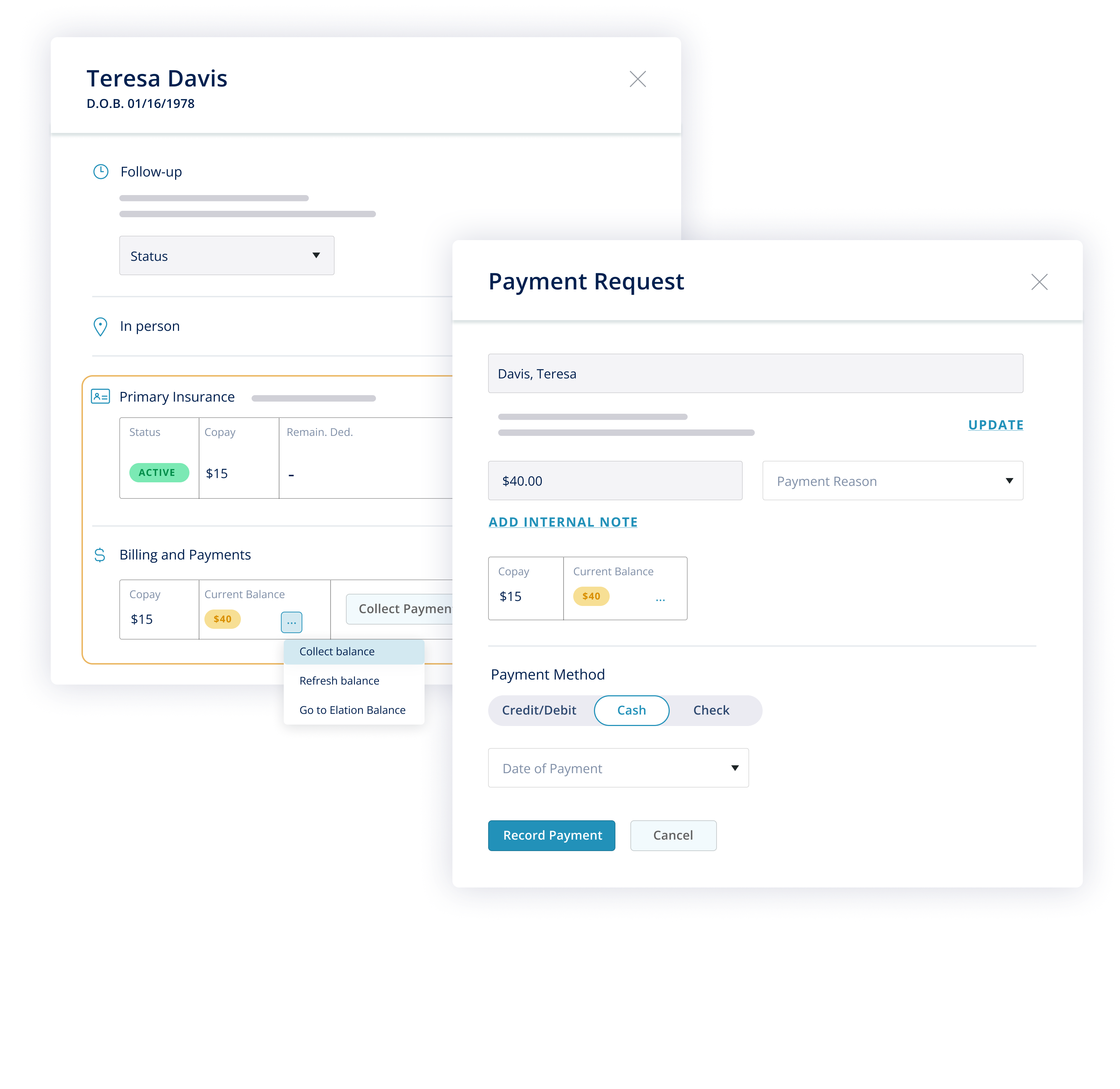 Patient payment management dashboard in Elation EHR