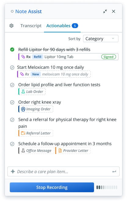AI scribe Note Assist Actions dialog box preview