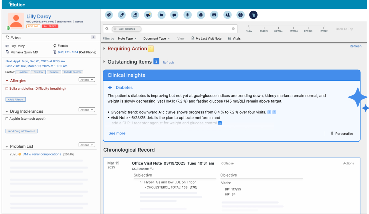 screenshot of Clinical Insights dashboard in Elation Health EHR