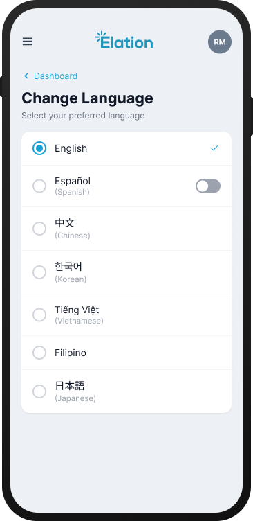 iPhone graphic of language settings in Patient Passport